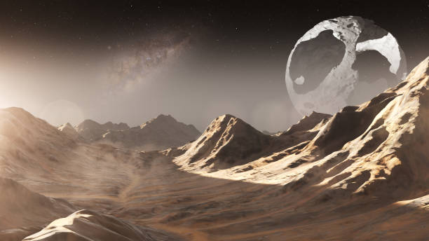 istock Alien planet surface with giant dead planet in the sky, 1398950092