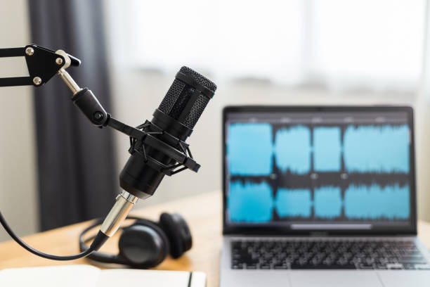 istock Condenser microphone in recording home studio. Content creator working with laptop host streaming radio podcast interview conversation at home broadcast studio recording waveform voice over radio 1398952920