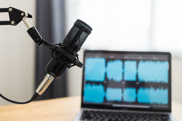 istock Condenser microphone in recording home studio. Content creator working with laptop host streaming radio podcast interview conversation at home broadcast studio recording waveform voice over radio 1398952922