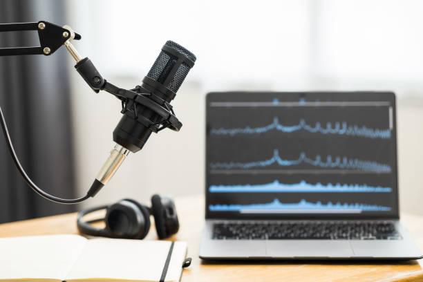 istock Condenser microphone in recording home studio. Content creator working with laptop host streaming radio podcast interview conversation at home broadcast studio recording waveform voice over radio 1398953173