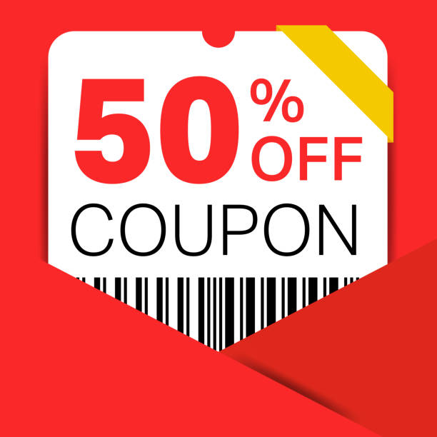 50% купонная акция для веб-сайта, интернет-реклама, подарок в социальных сетях со скидкой 50%. - coupon stock illustrations