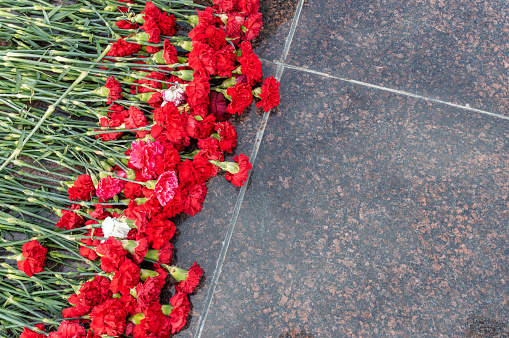 lots of carnations on granite slabs.