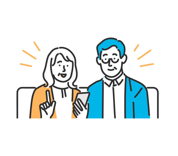 ilustrações de stock, clip art, desenhos animados e ícones de a senior couple operating a smartphone - waist up illustrations