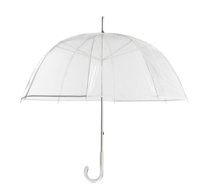 Stylish open transparent umbrella isolated on white