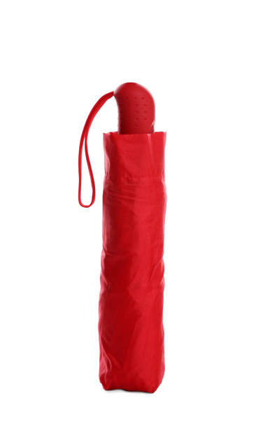 Stylish closed red umbrella isolated on white