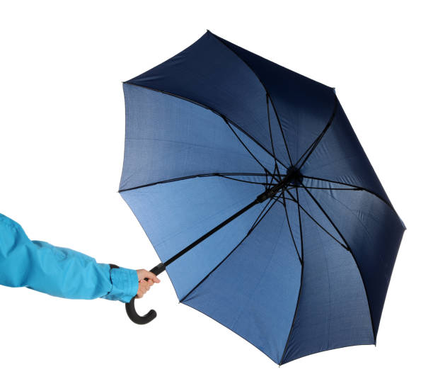 istock Woman with open blue umbrella on white background, closeup 1398954395
