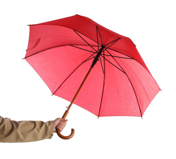 istock Woman with open red umbrella on white background, closeup 1398955384