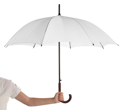 Woman with open umbrella on white background, closeup