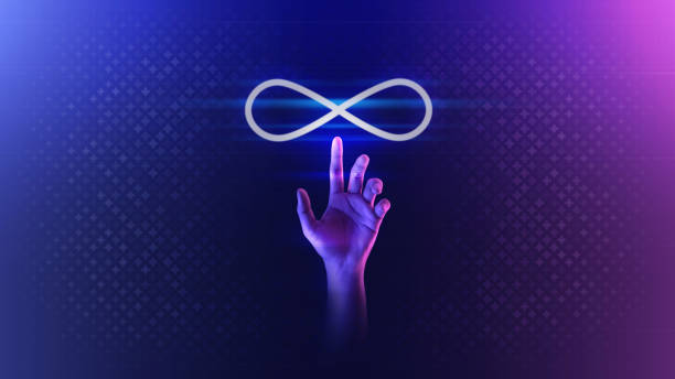 istock Hand touch metaverse infinite loop unlimited technology futuristic digital connection background of virtual reality cyberpunk world or internet game innovation cyber network and hologram experience. 1398955763