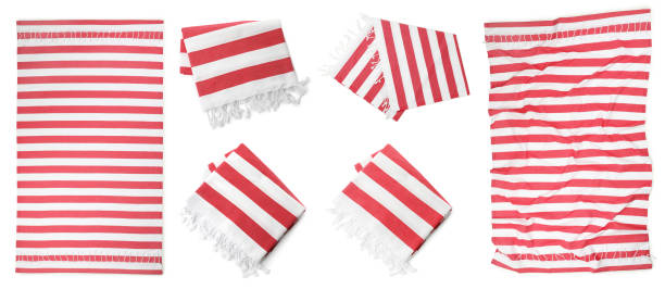istock Set with different beach towels on white background, top view. Banner design 1398956061