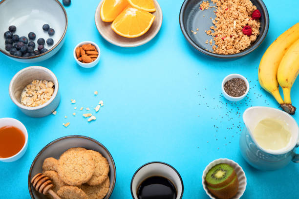 istock Healthy breakfast on colourfull background. 1398957305