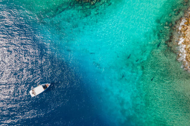 Aerial view of Scuba diving boat at Fuvahmulah, Maldives stock photo
