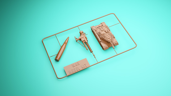 Plastic model kit for WAR: a tank, a bullet, a machine gun. 3D digital render
