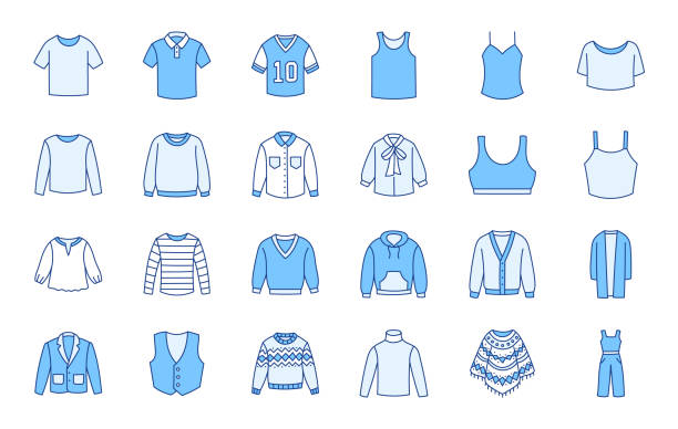 illustrations, cliparts, dessins animés et icônes de illustration de doodle de haut de gamme comprenant des icônes - vêtements de sport pull, veste, polo, sweat-shirt, sweat-shirt, sweat à capuche, pull, costume, gilet, chemisier. art de ligne mince sur les vêtements. contour modifiable de couleur bleue - jacket