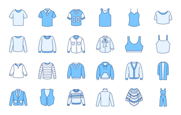 セータースポーツウェア、ジャケット、ポロシャツ、スウェットシャツ、パーカー、プルオーバー、スーツ、ベスト、ブラウス - アイコンを含む服トップ落書きイラスト。アパレルに関する� - sweater vest点のイラスト素材／クリップアート素材／マンガ素材／アイコン素材