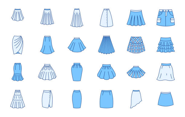 Clothes skirts doodle illustration including icons - cargo, draped, gored, plisse, kilt, bubble, pencil, asymmetric petticoat. Thin line art about women apparel. Blue Color, Editable Stroke Clothes skirts doodle illustration including icons - cargo, draped, gored, plisse, kilt, bubble, pencil, asymmetric petticoat. Thin line art about women apparel. Blue Color, Editable Stroke. wrap dress stock illustrations