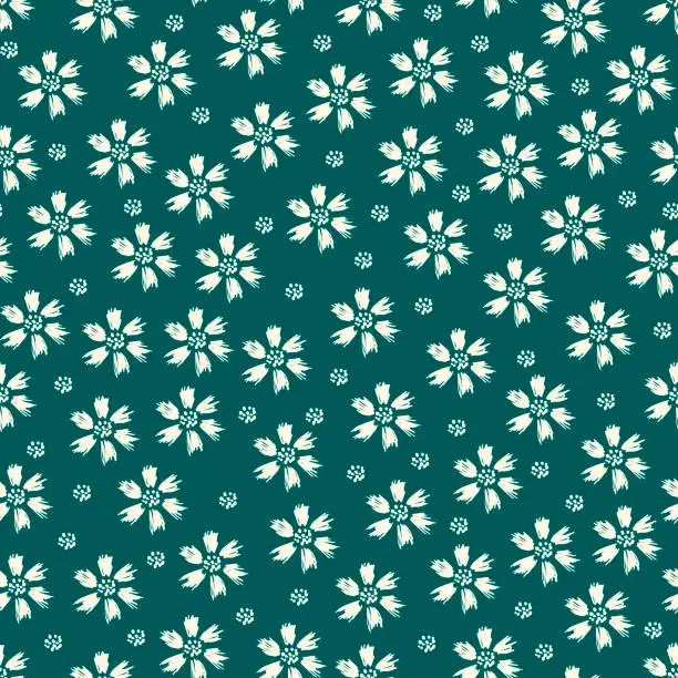 Vector illustration of Simple floral vector seamless pattern. Light flowers, dots on a dark blue-green background. For fabric prints, textiles, clothing, men's shirts. Spring-summer collection.