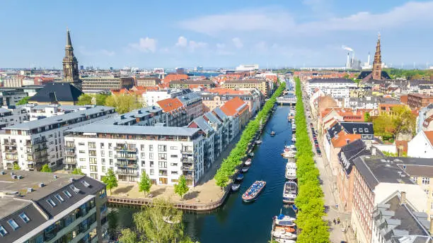 Copenhagen skyline aerial drone view from above, Nyhavn historical pier port and canal with color buildings and boats in the old town of Copenhagen, Denmark