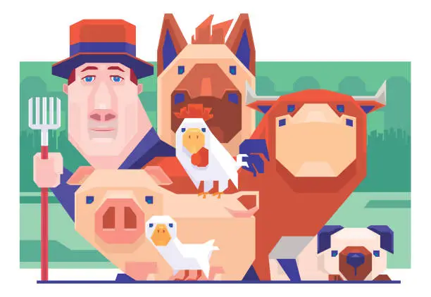 Vector illustration of man with domestic animals