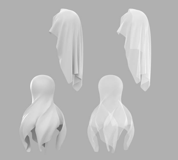 istock 3D Spheres covered white silk cloth. Set of flying textile in shape rocket or ghost costume on halloween. Balls hidden under satin fabric or curtain unveiling for surprise or magic trick 1398964743