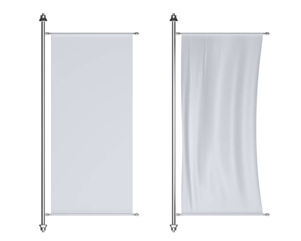 istock 3D White vinyl and textile banner in wind, ad stands on metal poles. Vertical rectangle signboards, fabric promotion posters. Blank billboards displays isolated on background, 3d render mockup set 1398964757