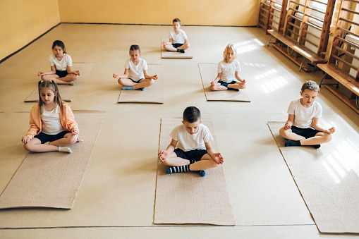 high angle view on elementary school children sitting cross-legged on the floor of gym in lotus position for yoga lesson