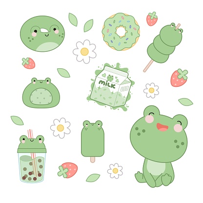 Frog set. Cute frog in kawaii style and different desserts and drinks. Vector illustration.