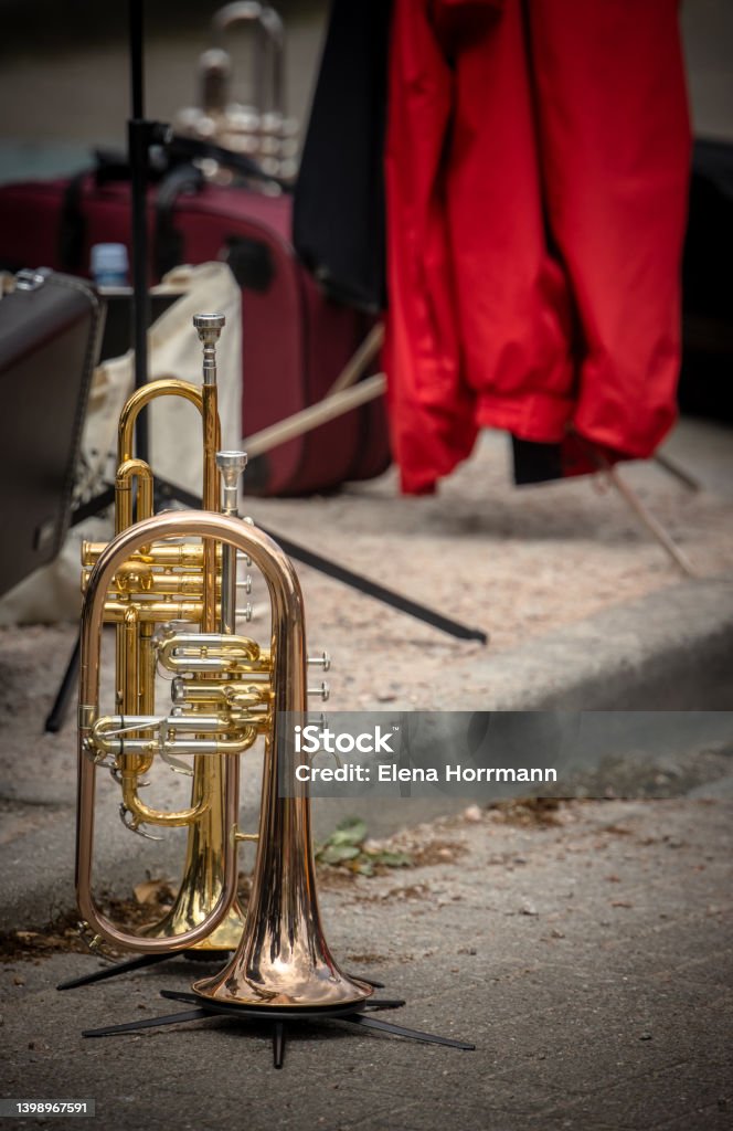 Flugel horn Flugel horn on the ground Trumpet Stock Photo