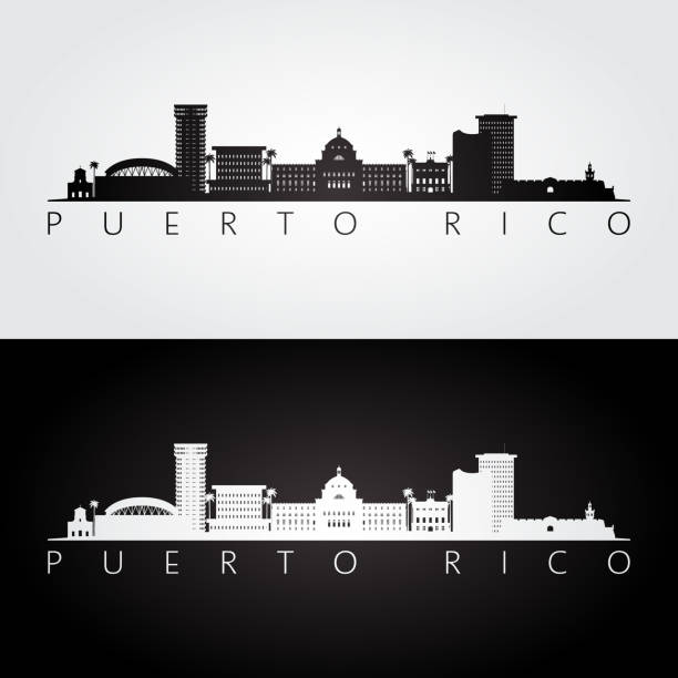 panoramę puerto rico i sylwetkę punktów orientacyjnych, czarno-biały wzór, ilustrację wektorową. - portoryko obrazy stock illustrations