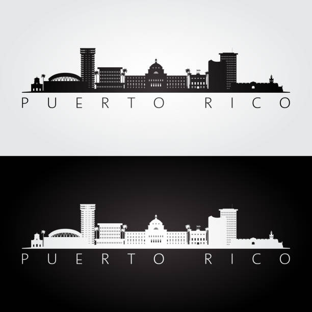 ilustrações de stock, clip art, desenhos animados e ícones de puerto rico skyline and landmarks silhouette, black and white design, vector illustration. - old san juan