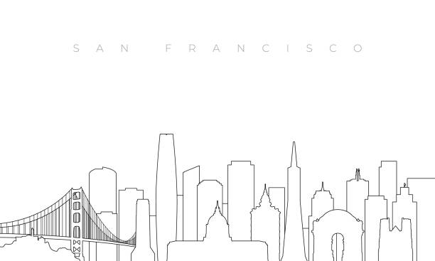 illustrations, cliparts, dessins animés et icônes de contour de l’horizon de san francisco. modèle à la mode avec des bâtiments et des monuments de la ville de san francisco dans un style de ligne. conception vectorielle de stock. - golden gate bridge illustrations