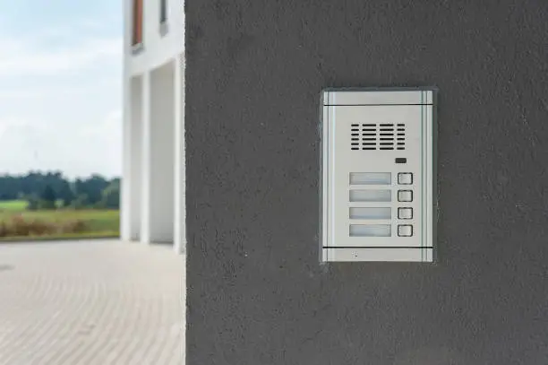 Closeup of the intercom in new build residential building