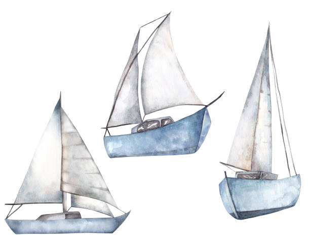 白い背景に帆船の水彩画 - sailboat silhouette captain recreational boat点のイラスト素材／クリップアート素材／マンガ素材／アイコン素材