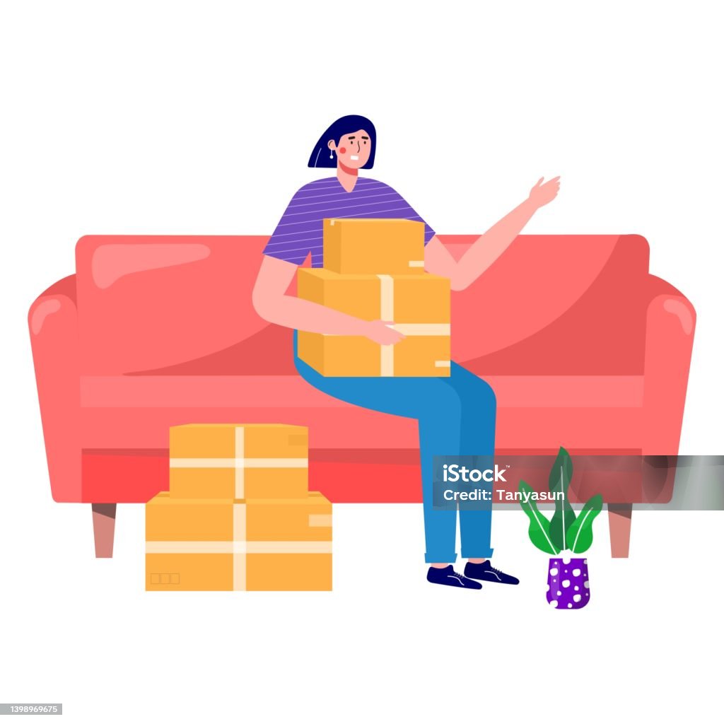 Woman Moves New Home House People Moving And Collect Supplies In Boxes