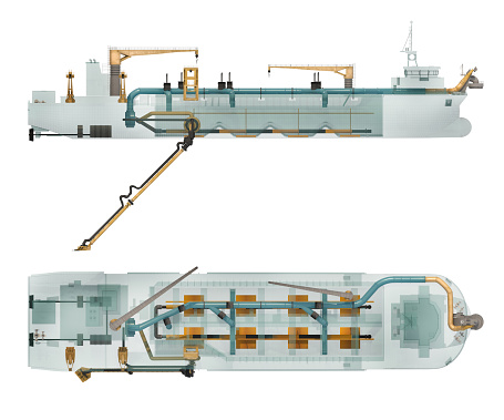 Dredger schematic with the location of internal and external pipes and  objects. The scheme allows you to consider the method of taking soil and moving soil inside the vessel. Isolated on white. 3d-rendering