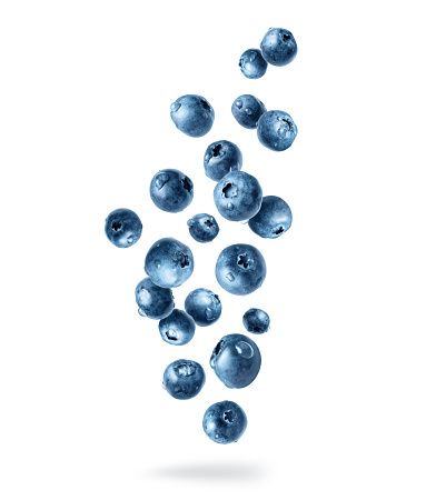 Blueberries with dew drops in the air isolated on a white background