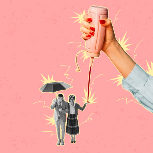 Contemporary art collage. Stylish couple walking under umbrella isolated over pink background. Female hand squishing ketchup. Concept of retro design. creativity, surrealism, artwork