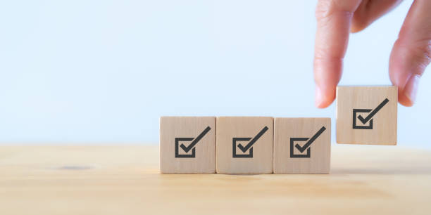 istock Corporate regulatory and compliance. Quality control management, ISO certification. Product, service quality warranty. Checklist survey and assessment  process. Put wooden cube with check mark icon. 1398972096
