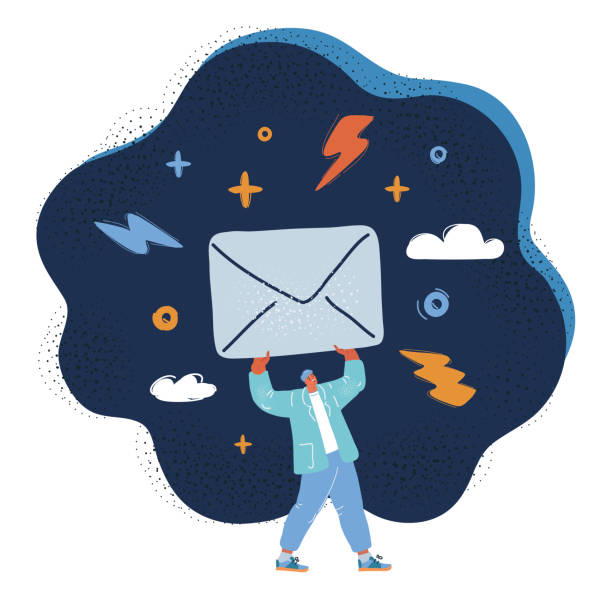 istock Vector illustration of Tiny person holding big closed envelope. Concept of email message sending and receiving. Man delivering mail over dark backround 1398973150