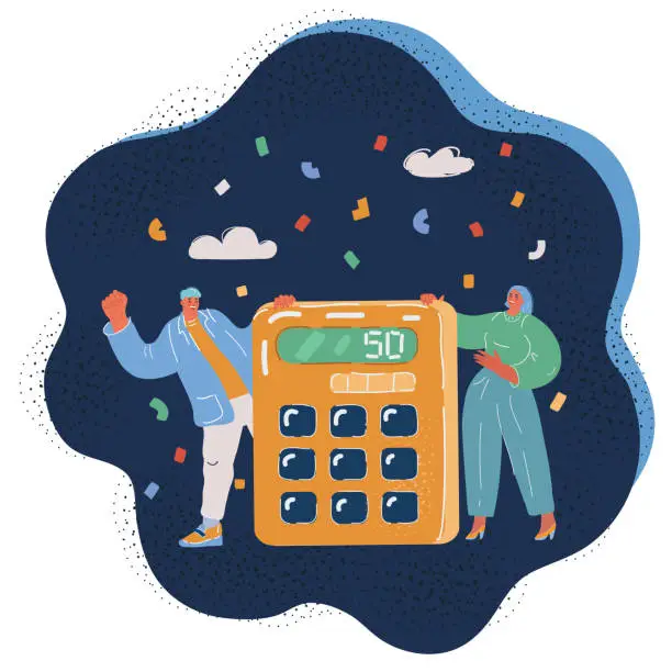 Vector illustration of Vector illustration of Man and woman standing near big giant calculator over dark backround.