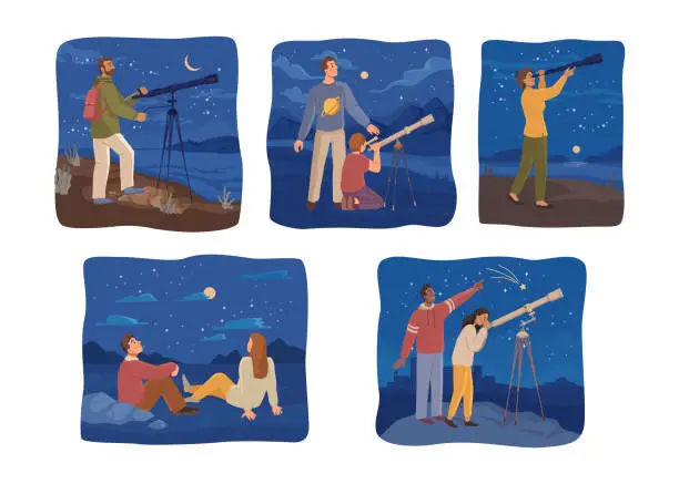 Vector illustration of Astronomy discoveries and hobbies of people watching through telescopes in starry sky. Galaxy and universe with planets and celestial bodies. Flat cartoon character, vector illustration