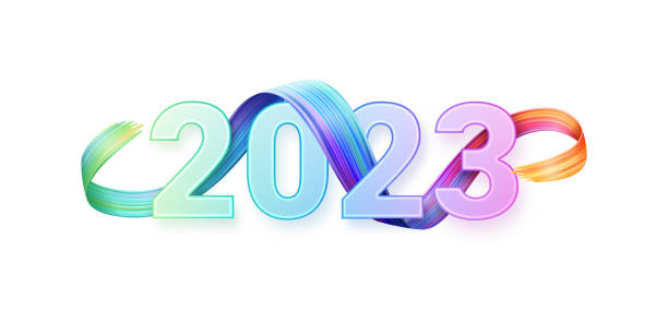 ilustraciones, imágenes clip art, dibujos animados e iconos de stock de feliz año nuevo 2023 números de vidrio degradado transparente, desenfoque, pincelada multicolor, elemento de diseño de tarjeta de felicitación de glassmorphism. guirnalda brillante vectorial, celebración navideña - number vibrant color transparent blue