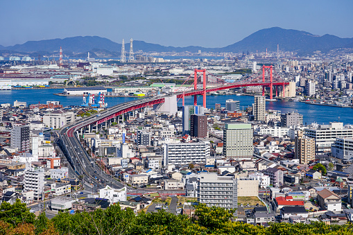 On a sunny day in April 2022, Wakato Ohashi was once the best suspension bridge in the Orient from the Takatoyama Observatory in Kitakyushu City, Fukuoka Prefecture.
