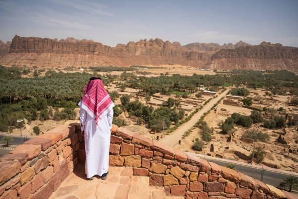 saudi man enjoying 360 degree view of al-ula valley - valley wall imagens e fotografias de stock