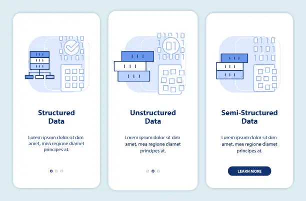 Vector illustration of Types of big data light blue onboarding mobile app screen