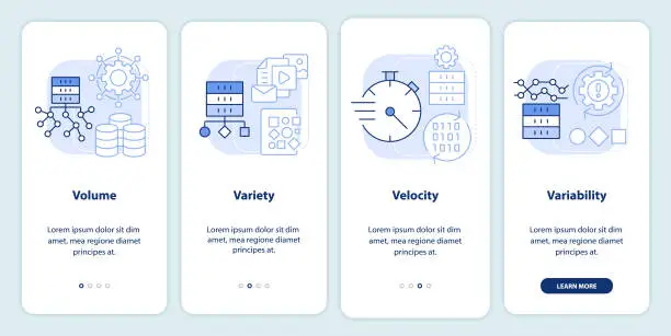 Vector illustration of Characteristics of big data light blue onboarding mobile app screen