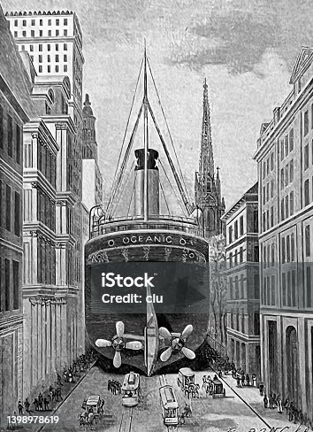 istock The largest ship on earth, Oceanic, compared to the width of a street in New York city 1398978619