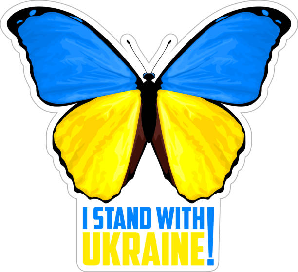 ilustraciones, imágenes clip art, dibujos animados e iconos de stock de vector morpho mariposa en los colores de la bandera ucraniana y el lema "estoy con ucrania" - ukraine war