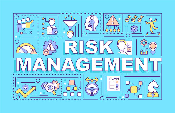 Risk management word concepts blue banner Risk management word concepts blue banner. Deal with problems. Infographics with icons on color background. Isolated typography. Vector illustration with text. Arial-Black font used emergency response stock illustrations