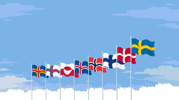 ilustrações de stock, clip art, desenhos animados e ícones de flags of the nordic nations flying. - day sky swedish flag banner